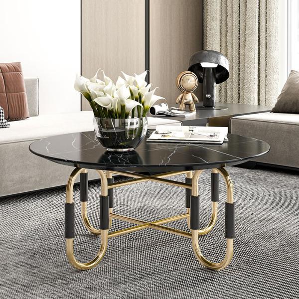 Living Room Stainless Steel Round Central coffee Table  With Bright Gold Mirror Finish Natural Marble Top Metal Legs