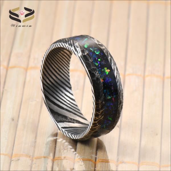 Anillo de boda de acero de Damasco de 8 mm, galaxia ópalo con incrustaciones para hombres