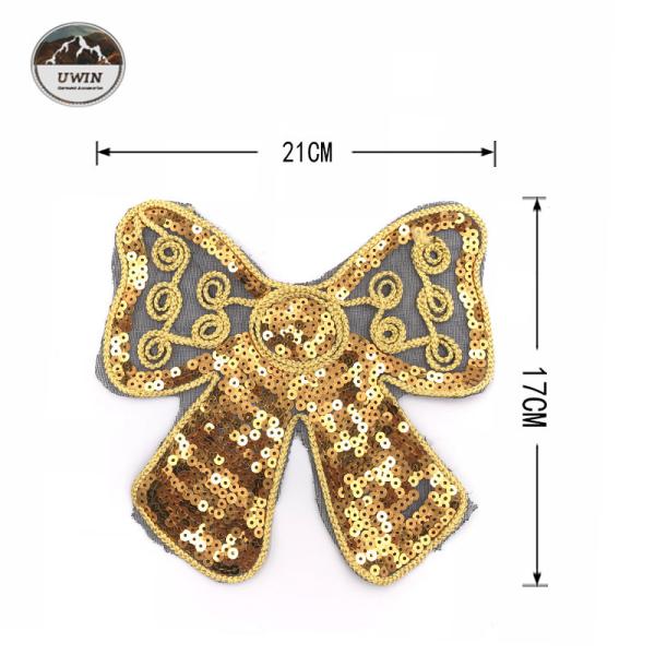 Golden Bow Rope Sequin Embroidery Patches 21*17CM Size With Merrowed Border