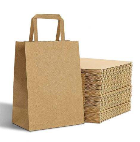 Custom Made Printed Brown Flat Handle Takeaway Fast Food Packaging Kraft Paper Bag Restaurant Carry Bag