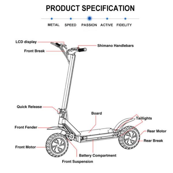 Brushless 2 wheel electric scooter 2000w 52v 20.8ah lithium battery with dual motor