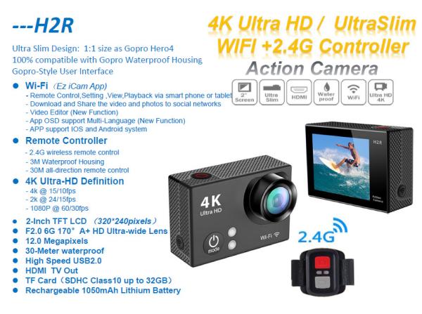 2016 Latest 2.0 Inch Sunplus SPCA6350 HD 170 Degre Wide Angle 30M Waterproof H2R 4K Camera