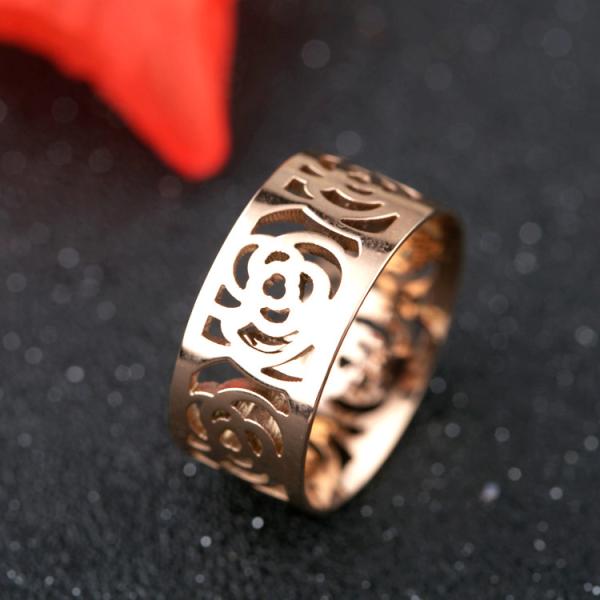 Women Fashion Stainless Steel Jewelry Ring , Hollow pattern Ring, Camellia shape gold Ring