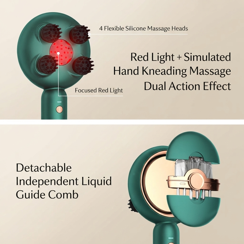 ZN-AM10 Smart Red Light Scalp Massager & Liquid Guide Hair Growth Comb - Electric Head Massager with 4 Kneading Heads, Wet/Dry Use