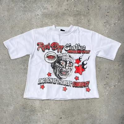 Hip Hop Dtg Impressão Cortada T-Shirt Gráfico T-Shirt Crew Neck Acid Wash Sol Desbotado T-Shirt Angustiado