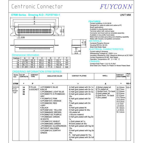 Разъем SMT, 14 разъема зажима Pin Centronic мыжских для UL PCB 1.6mm аттестованного доской