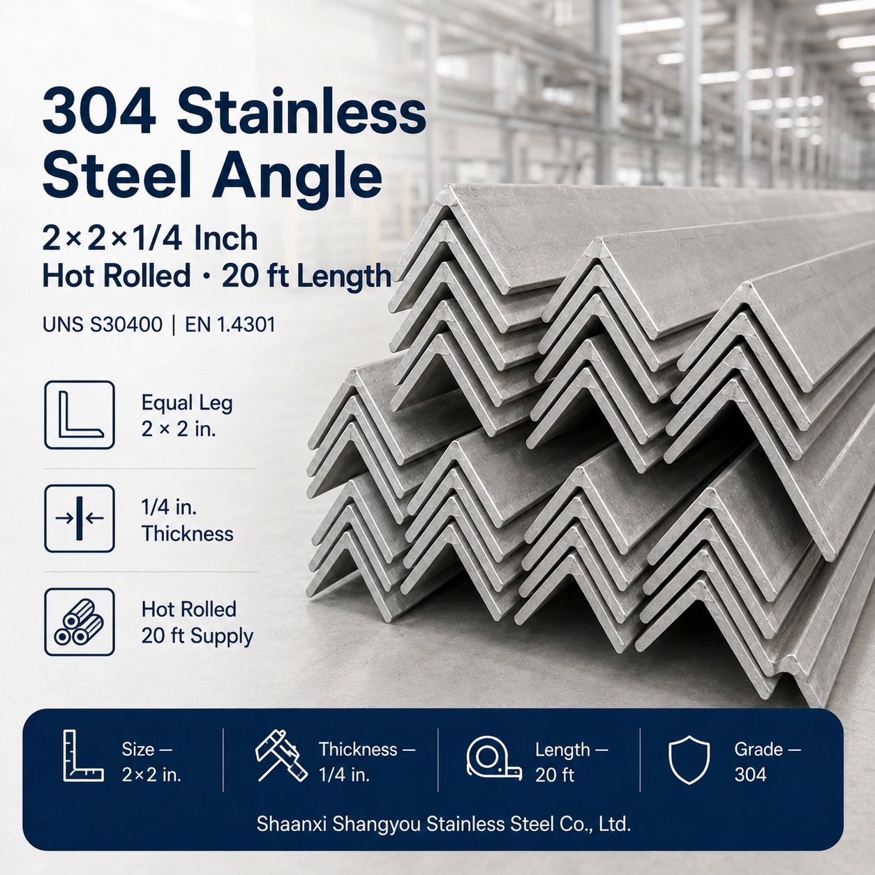  304 Stainless Steel Angle 2x2x1/4 Inch Hot Rolled in 20ft Length