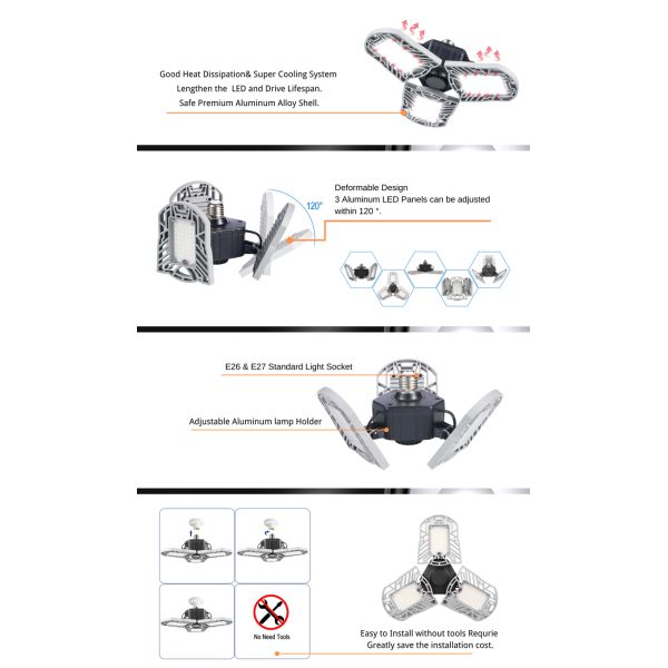 60W Deformable LED Garage Light ETL Certificated LED Adjustable Garage Lights IP40