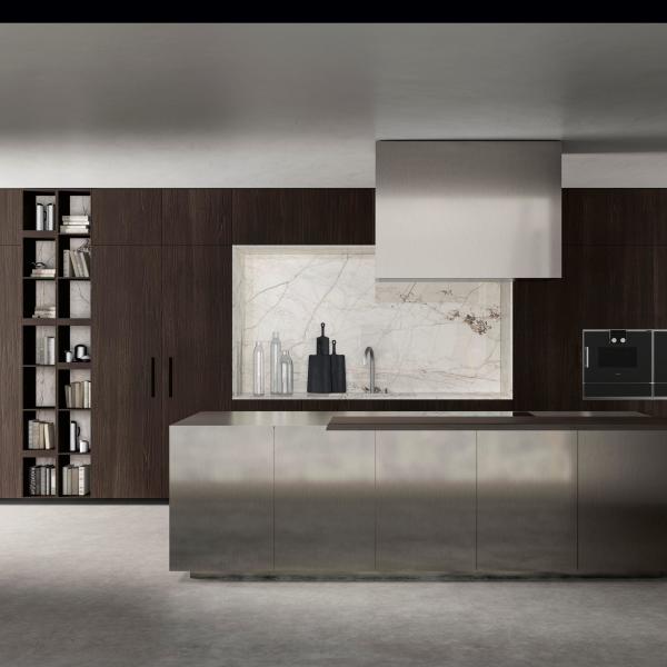 Custom Aluminio Simple Veneer de madera gabinete de la pared cocina moderna 304 de acero inoxidable gabinete de la cocina con isla