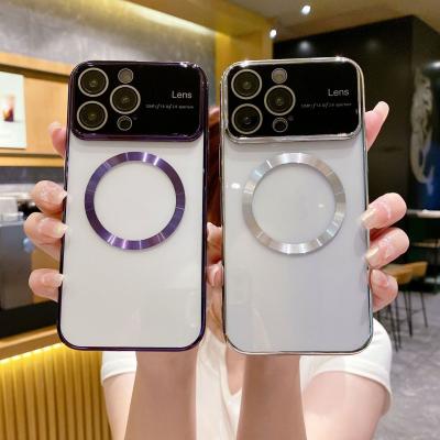 Mulheres da moda Janela grande Eletroplatação Capela de telefone magnético para iPhone 14/15 Pro Max