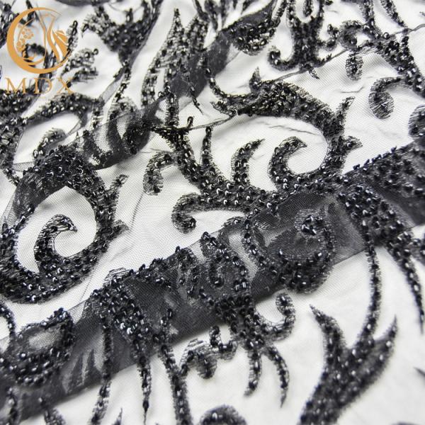 Soft Mesh Beaded Lace Fabric 3D Black Embroidered Lace Fabric 1 Yard