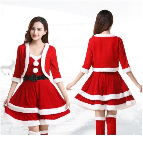 Vestido de Navidad 2023 Rojo con accesorios Mujeres adultas Set de 5 piezas Traje de cosplay
