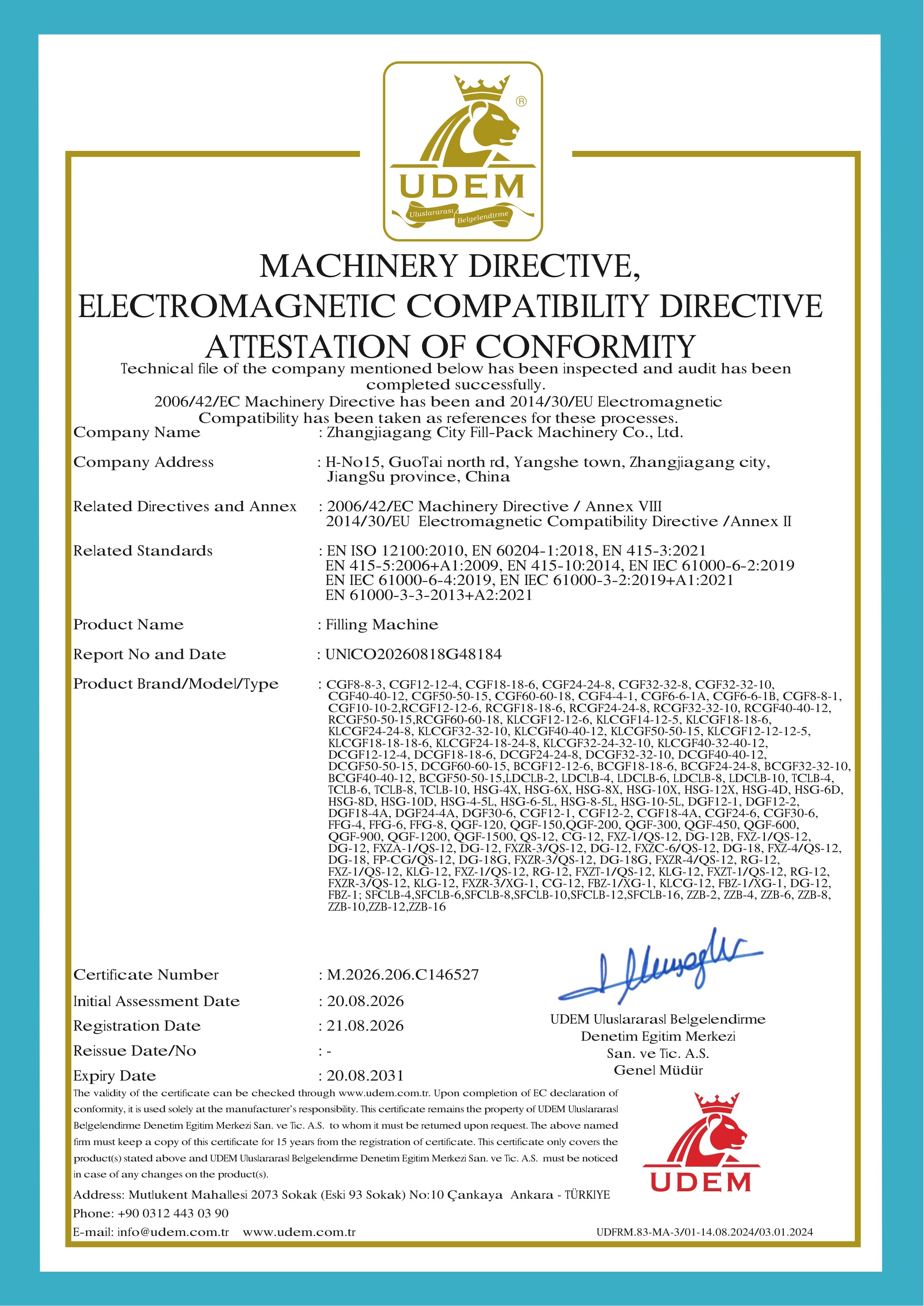 Zhangjiagang City FILL-PACK Machinery Co., Ltd Certifications
