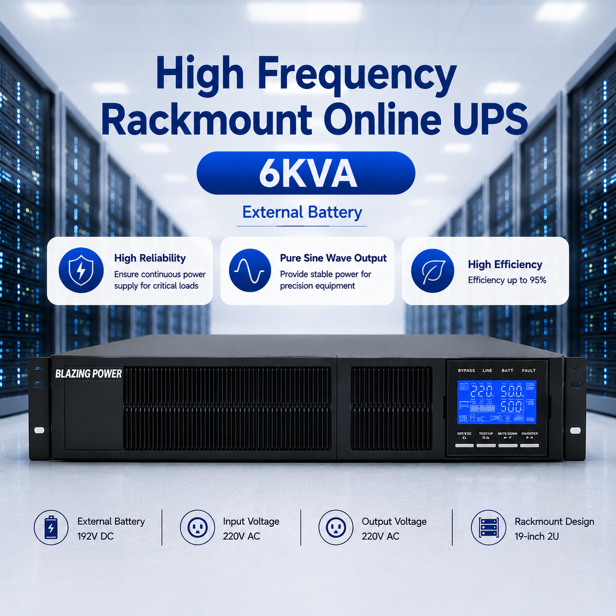 6KW Capacity High Efficiency Compact 2U Design Rack Mount UPS System for Data Centers