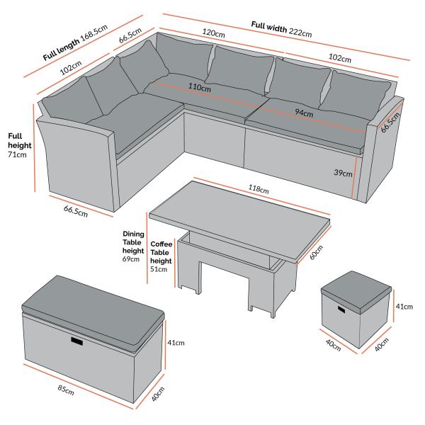 Rectangular Corner Dining Sofa Set with Rising Table AJUNION Rattan Garden Furniture