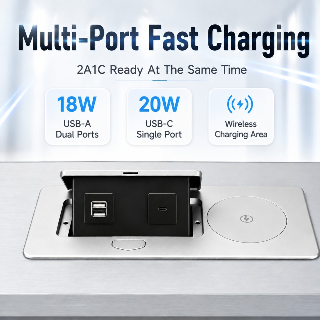 Pop-Up Power Grommet Hub with 20W USB-C Fast Charging and 15W Wireless Charger in Fire-Retardant Aluminum Design