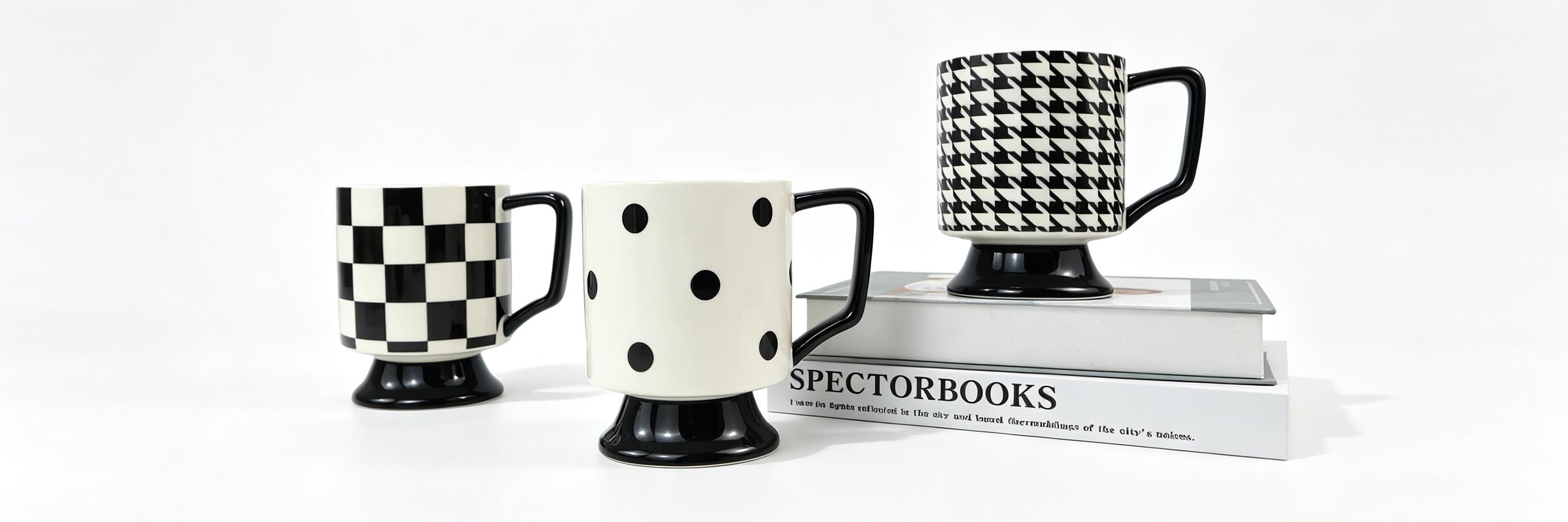 Black & White Pattern Pedestal Ceramic Mug Set of 3, Houndstooth Checkerboard Polka Dot Coffee Cups