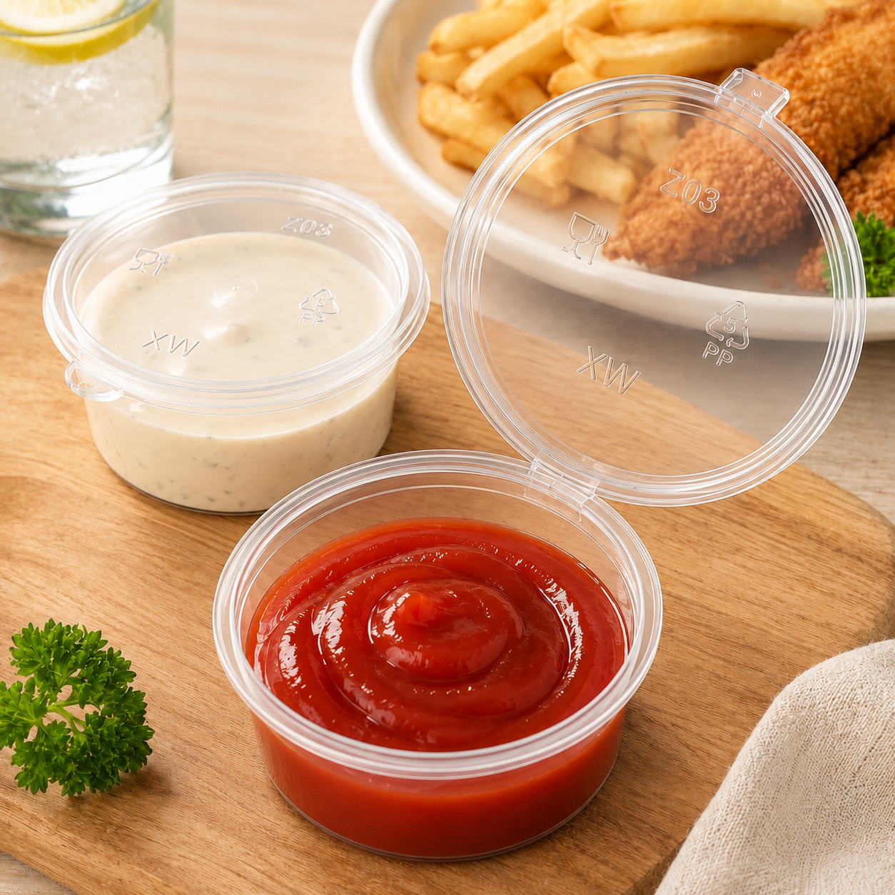 75ml Large Round Clear PP Sauce Cup Hinged for Side Dishes Toppings Catering