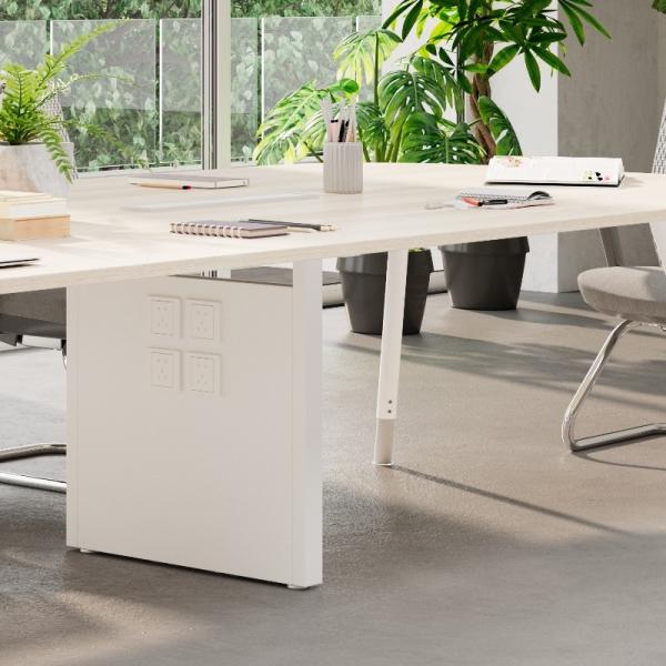 Mesa de conferências de escritório moderna de madeira com cor branca e superfície de mesa de aço revestida com pó
