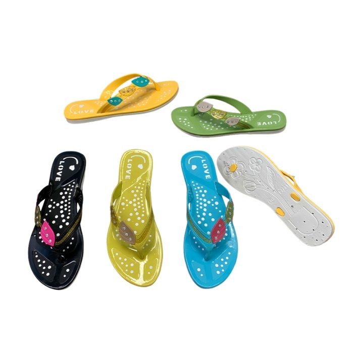 PVC Women Flip Flops with Polka Dot Print and Leaf Rhinestone Decor
