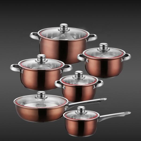 Factory Direct Sale Kitchen 12 Pcs Red Bronze Cooking Pans And Pots Cookware Stainless Steel Cookware Sets
