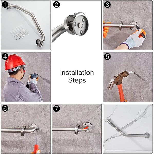 Wall Mounted Angled Shower Grab Bar With Mirror Polishing Stainless Steel 304 Material
