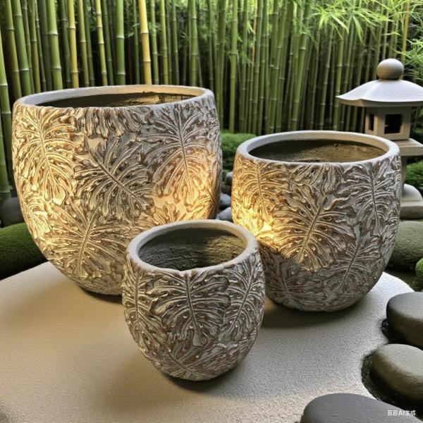 GRCポット 灰色の丸い繊維セメントプランター モンスター葉のデザインパターン 軽量 耐久性 低保養性 花のポット 休日 ビラ オフィス装飾 屋根上の庭園 景観設計プロジェクト