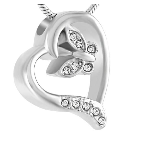 Crystal Butterfly Heart Keepsake Pendant Necklace Stainless Steel Cremation