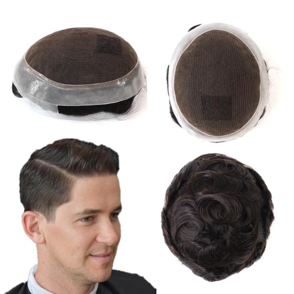 Mens Toupee Human Hair Replacement System French Lace Poly Skin Hairpieces #1B Australia