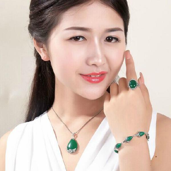 925 Silver Thailand Vintage  Green Agate Women Bracelet (LB001)