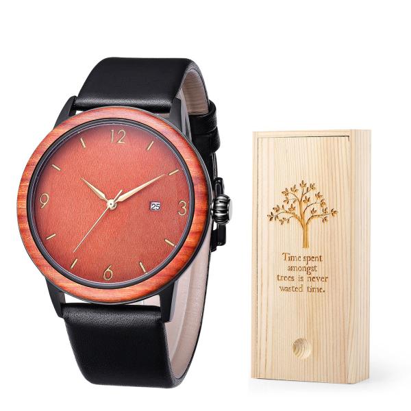 Water Resistant Case PVD Plated Black Stainless Steel Wooden Quartz Watch