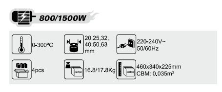 do tubo plástico dobro dos elementos de aquecimento de 800/1500W 40mm ferramenta de solda, 220V, 50/60HZ