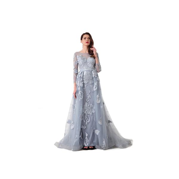 Backless Sexy Tulle Long Sleeve Evening Gowns Built - In Bra Light Blue