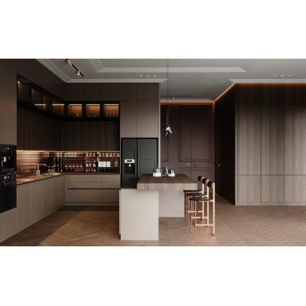 Veneer Kitchen Cabinet with Classicism Retro Style Open Kitchen Cabinet for Apartment Residential Project