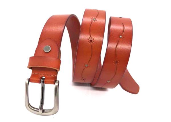 Fashion Womens Studded Leather Belt Punching With Flower Pattern Zinc Alloy Buckle