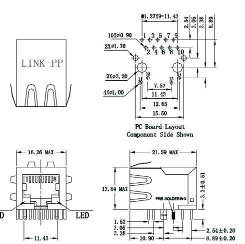 Порт Lan локальных сетей гигабита разъема монтажной платы ARJ11E-MBSC-A-B-EL2 Rj45