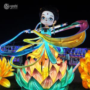 Custom Chinese Fairy Dancer Character LED Lantern, Traditional Oriental Figure Light Sculpture on Lotus Base for Cultural Light Festival