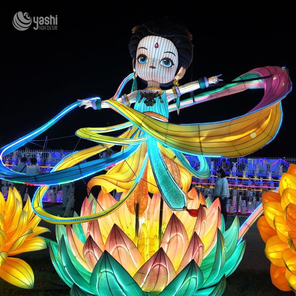 Custom Chinese Fairy Dancer Character LED Lantern, Traditional Oriental Figure Light Sculpture on Lotus Base for Cultural Light Festival