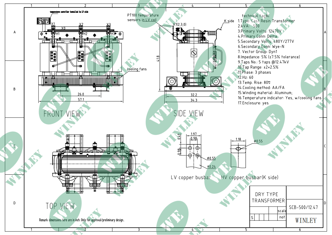 500kVA Cast Coil Dry Type Transformer 12470V to 480Y/277V Three Phase Exposy Resin Transformer for Data Center
