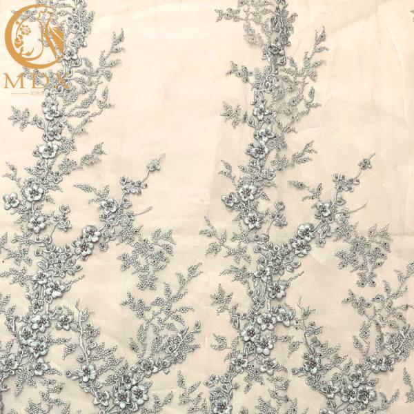Tulle Lace Grey 3D Beaded Embroidery Fabric For Bridal Dress