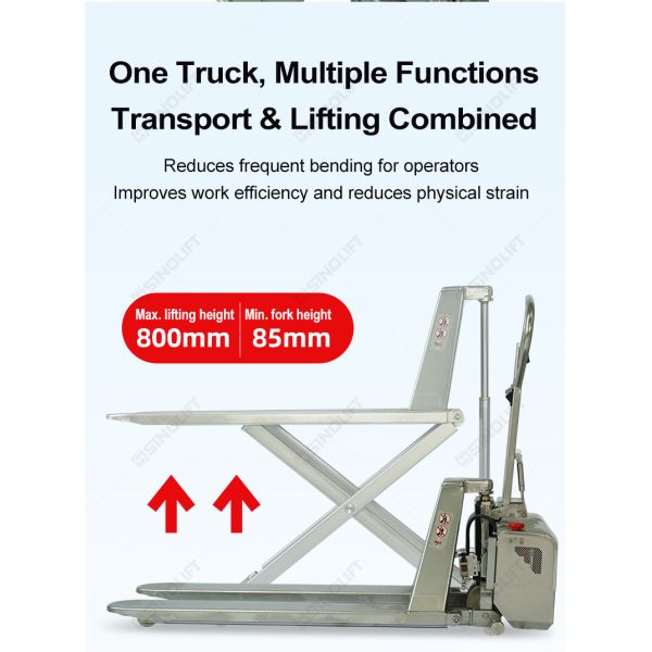 SINOLIFT EHLT10S-II Stainless Steel High Lift Hydraulic Pallet Truck | 304 Stainless Steel | 800mm Max Lift | For Food, Chemical, Medical Industries