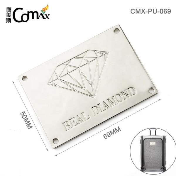 Handbag Metal Logos Tag with Sewn Holes Rectangle Shape and Custom Carving Logo Design