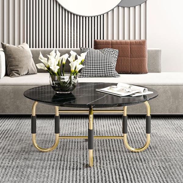 Living Room Stainless Steel Round Central coffee Table  With Bright Gold Mirror Finish Natural Marble Top Metal Legs
