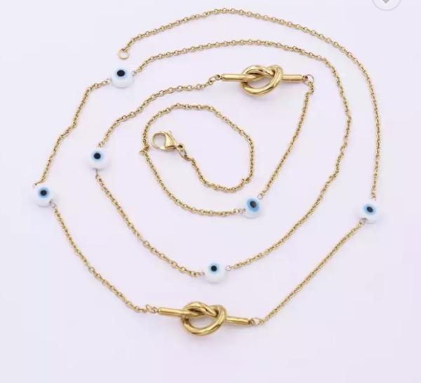 Long Stainless Steel Fashion Necklaces Blue Eyeball Mashup Stacked Gold Necklaces
