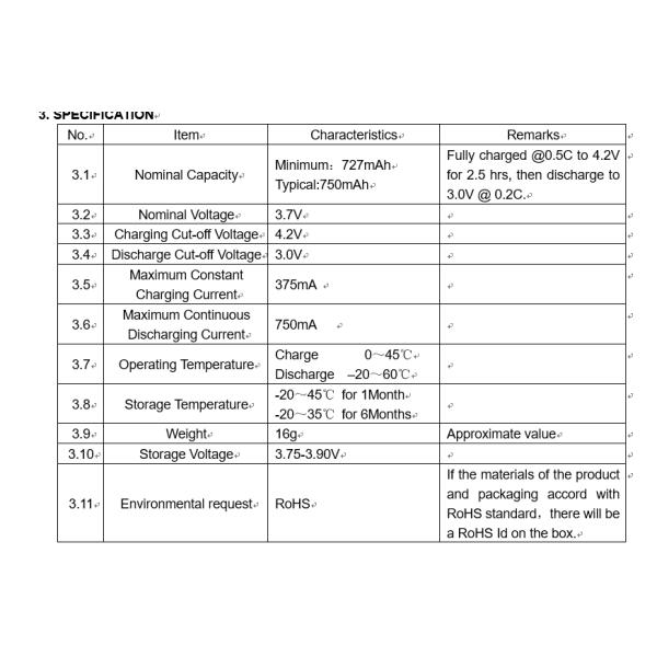 Bateria de íons de lítio de polímero 3.7 V 700mah Bateria LP423450