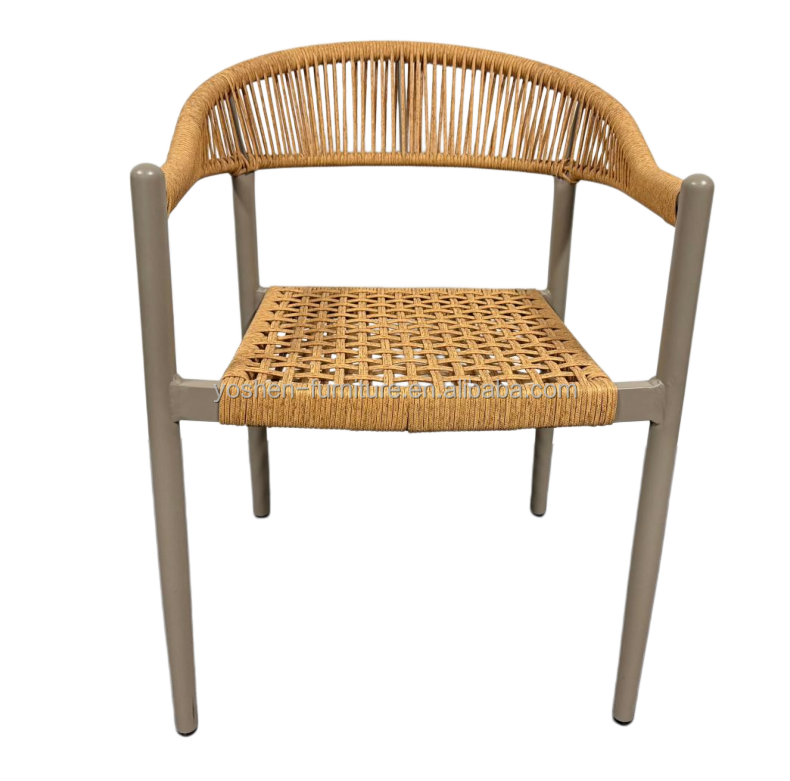 Beige Rope Woven Outdoor Dining Arm Chair with Grey Frame for Coastal Patio Garden
