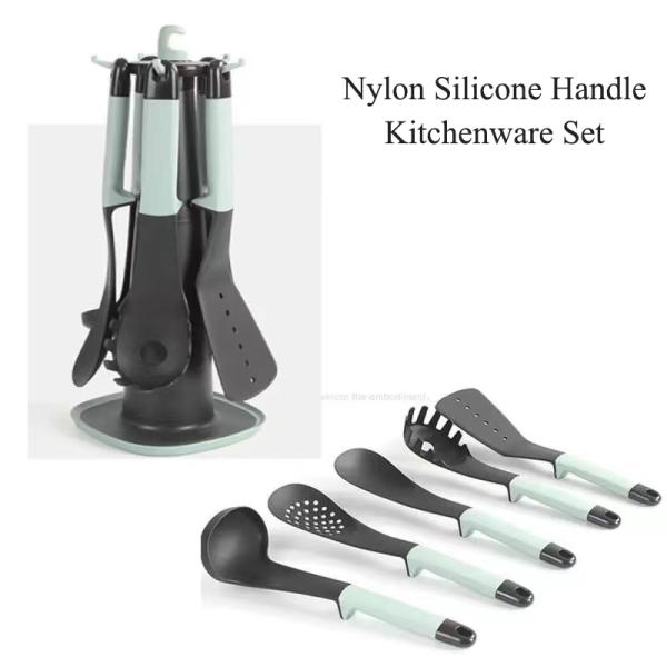 High Temperature Food Grade Plastic Spatula Spoon Set Kitchenware 5 Pieces with Rack