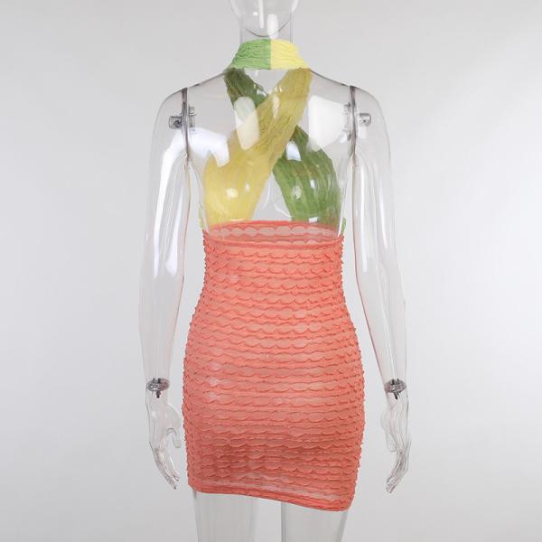 Contrast Color Stitching Halter Neck Cross Over Dress 89cm