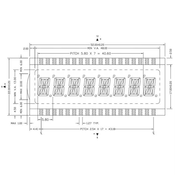 Transflective 14-Segment TN LCD Display Module with Twisted Nematic Backlight Character Display 52.00mm X 22.00mm X 2.80mm