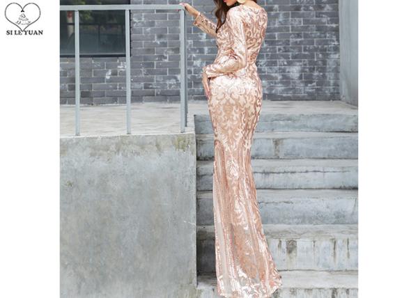 Long Sleeve Gold Sequin Mermaid Prom Dress Special Sequins Fabric Zipper No Tail